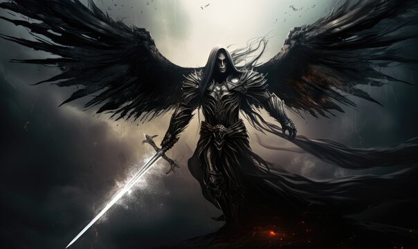 Photo of a mysterious dark angel wielding a sword in a dramatic pose