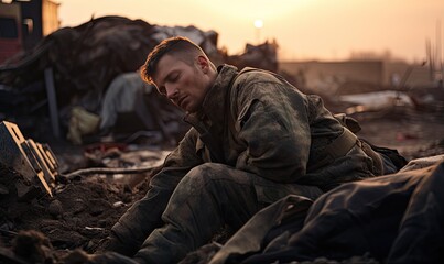 Photo of a man sitting on a pile of rubble talking on a cell phone