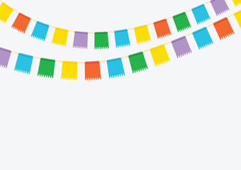 Colorful party garlands flags hanging on white background with copy space, vector element, template illustration for poster, web banner, backdrop, flyer, invitation.