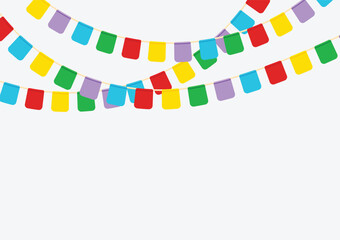 Colorful party garlands flags hanging on white background with copy space, vector element, template illustration for web banner, backdrop, invitation, flyer, poster.