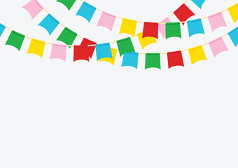 Colorful party garlands flags hanging on white background with copy space, vector element, template illustration for web banner, backdrop, flyer, poster, invitation.