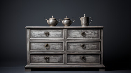 A grey dresser with drawers and a silver handle