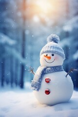 Cute snowman in a blue knitted hat and scarf in a winter forest with copy space.