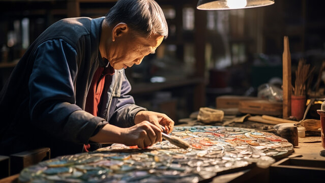 A craftsman making mother-of-pearl lacquerware