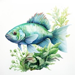 Wonderful watercolors in pastel tones and green colors of freshwater fish.