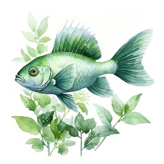 Wonderful watercolors in pastel tones and green colors of freshwater fish.