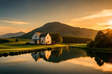 Fototapeta premium church in the mountains with lake
