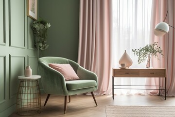 Pale green and pink room with a muted armchair. Generative AI
