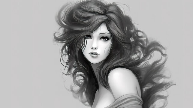 a pencil sketch of a woman with long hair, grey background, ai generated image