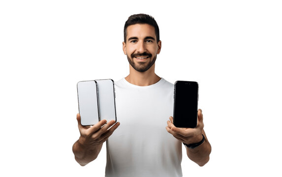 man showing the advertising new mobile phone on the transparent background - Generative AI