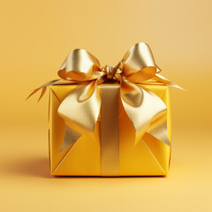 Golden ribbon gift box on yellow background 