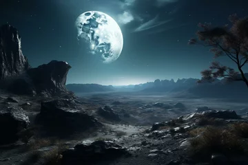 Fotobehang Lunar scenery under space skybox. Generative AI © Donald