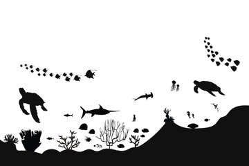 silhouette of coral reef with fish on white sea background underwater vector illustration	
