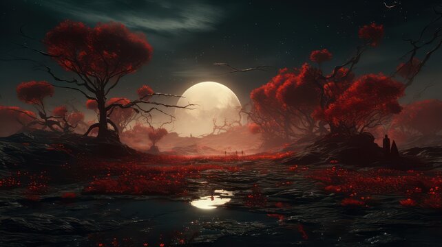 Full moon at night with and landscape with trees, red leaves and plants created with Generative AI