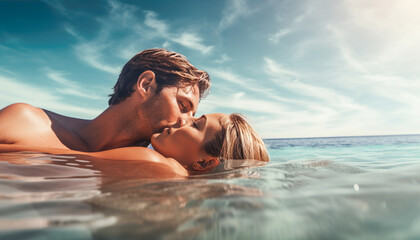 couple in the water, honeymoon photo - obrazy, fototapety, plakaty