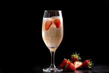 Glass with champagne and strawberries on a black background