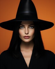 A mysterious woman wearing a stylish black fedora hat stands confidently against an indoor wall, her costume and headdress a captivating blend of fashion and halloween flair
