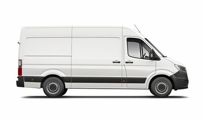 Clean blank white delivery van isolated, side view of plain car cargo carrier with large space for design, transportation logistics mockup background Ai generated, Generative AI