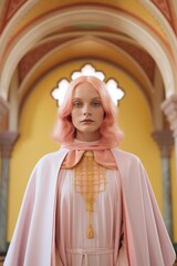 On halloween night, a vibrant woman with pink hair donned a stunning pink robe, looking like a majestic statue with her yellow mantle draped around her, embodying the spirit of the holiday in her cap