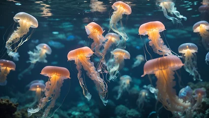 Fotobehang Beautiful fantasy colorful jellyfish dance. Natural habitat and environment protection concept. Summer travel and tropic idea. With copy space. © Milutinovic
