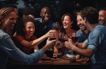 A group of friends clinking glasses of wine - obrazy, fototapety, plakaty