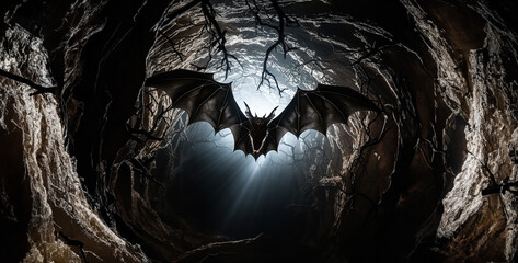 Hyper realistic portrait of a bat passing between two lea - obrazy, fototapety, plakaty