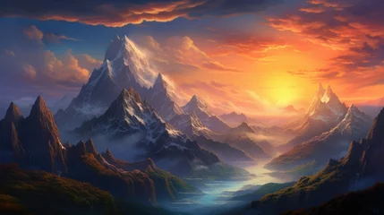Poster A majestic mountain range at sunrise or sunset - generative AI © Nad
