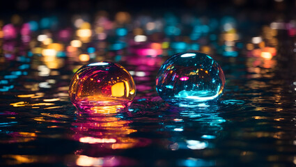 abstract reflections of colorful lights on water surfaces, glass, or other reflective materials