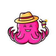 Vector Illustration of Cute and Happy Octopus Holding Beverage and Wearing Straw Hat. Cartoon Style