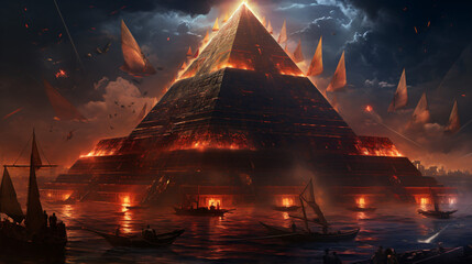 A giant pyramid floating with fire runes several