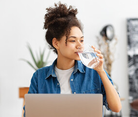 Healthy lifestyle concept. Happy African American woman entrepreneur or employee drinking clean water sitting in the office