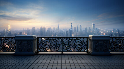 A high balcony, its view revealing a sprawling cityscape