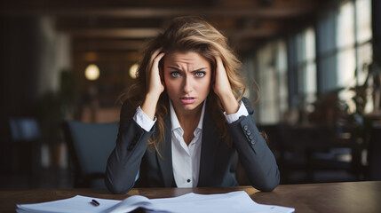 Stressed business woman with her head over her head - obrazy, fototapety, plakaty
