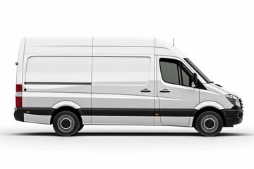 Clean blank white delivery van isolated on empty background, side view of plain car cargo carrier with large space for design, transportation logistics mockup Generative AI 