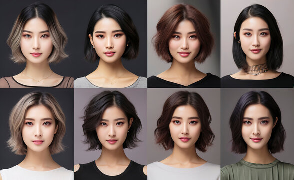 Beauty collage of various stylish hairstyles for short haircuts for young Asian women