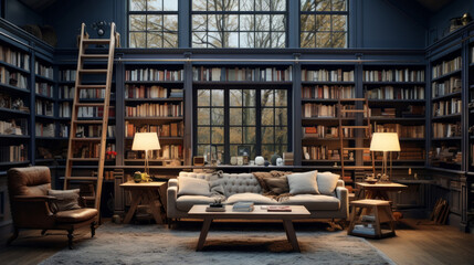 A home library with floor-to-ceiling bookshelves, a cozy reading nook, and a sliding ladder