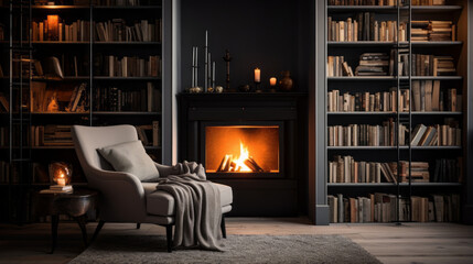 A home library with Scandinavian bookcases, a comfortable reading chair, and a cozy fireplace