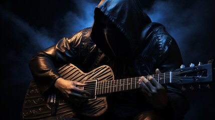 A hooded man with cybernetic parts playing the guitr