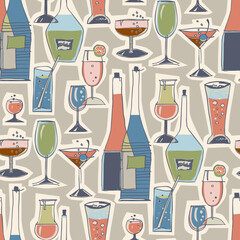 Drinks Set Seamless Pattern. Vector Template for Label, Menu, Wallpaper, Textile, Packaging.