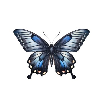Beautiful butterfly with black and blue wing isolated on white background in watercolor style.