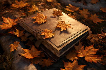 Old book and autumn leaves generative ai