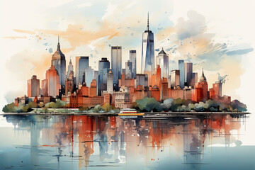 Watercolor splash with hand drawn sketch of Manhattan city.