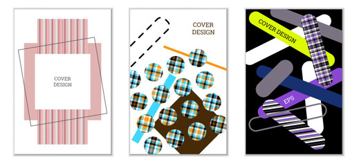 Obraz premium Geometric cover design, set of 3 covers. Abstract unusual background in Memphis style. Bright geometric shapes in random order