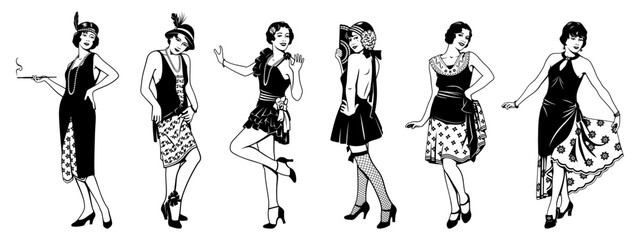 Pretty women of 20s. Flapper Girls Collection. Black and white ink style vector cliparts isolated on white.