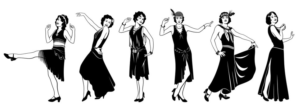 Flapper Girls Set. Retro beauty women 20s. Black and white ink style vector cliparts isolated on white.