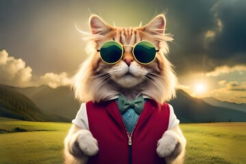 funny cat with glasses dressed in colorful clothes outside generative Ai