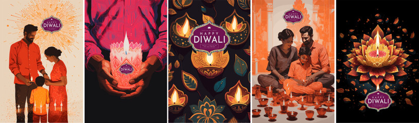 Naklejka na ściany i meble Happy Diwali. Festival of Lights. Vector illustration of an Indian family celebrating a holiday, hands holding a candle and a pattern of lanterns for a card, poster or background. 