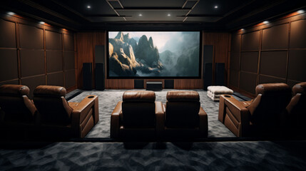 A home theater with leather reclining seats, a giant screen, and surround sound