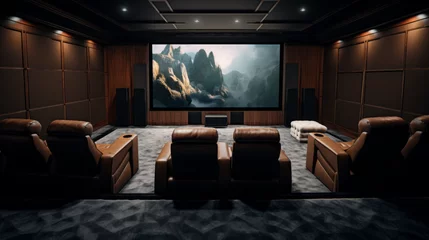 Foto op Plexiglas A home theater with leather reclining seats, a giant screen, and surround sound © Textures & Patterns