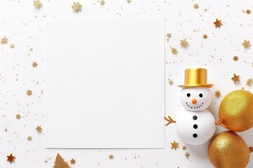 Christmas Greeting Card Template With Snowman And Gold Confetti Mockup. Сoncept Christmas, Greeting Card, Template, Snowman, Gold Confetti